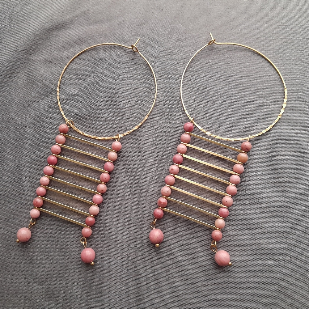 Statement Rhodochrosite Drop Hoop Earrings - Picture 3 of 3